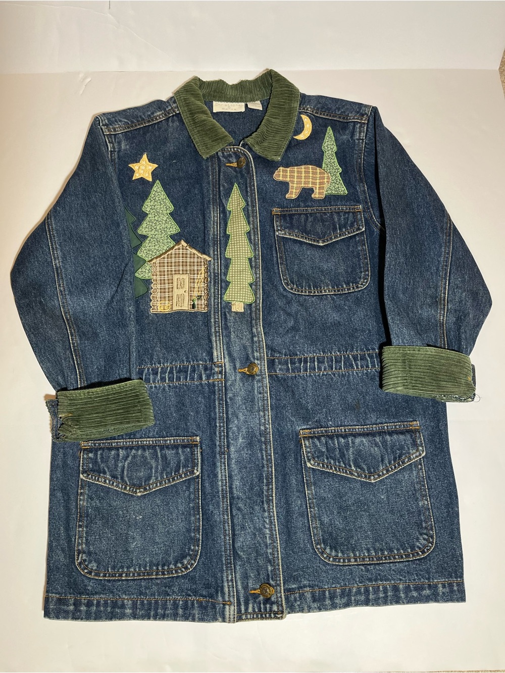 Vintage 90s y2k Christopher & Banks Denim Chore Jacket Cabin Patchwork Applique